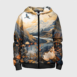 Толстовка на молнии детская Солнечное утро в цветущих горах, цвет: 3D-черный