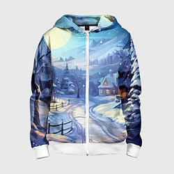 Толстовка на молнии детская Зимняя новогодняя деревня, цвет: 3D-белый