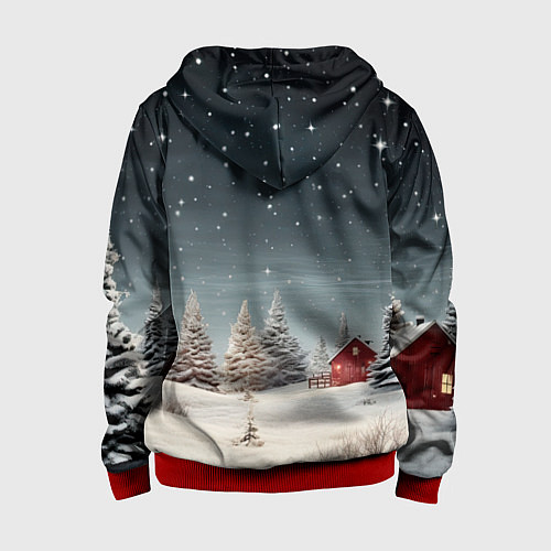 Детская толстовка на молнии Зимний пейзаж с елями и снегом / 3D-Красный – фото 2
