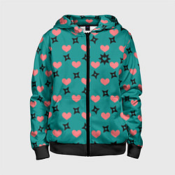 Толстовка на молнии детская Бирюза и розовый: сердца и сюрикены, цвет: 3D-черный
