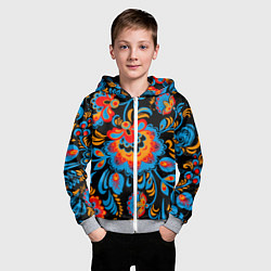 Толстовка на молнии детская Хохломская роспись разноцветные цветы на чёроном ф, цвет: 3D-меланж — фото 2