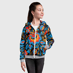 Толстовка на молнии детская Хохломская роспись разноцветные цветы на чёроном ф, цвет: 3D-меланж — фото 2