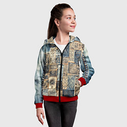 Толстовка на молнии детская Татуировки племени майя пэчворк, цвет: 3D-красный — фото 2