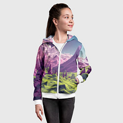 Толстовка на молнии детская Геометрический зеленый пейзаж и фиолетовые горы, цвет: 3D-белый — фото 2