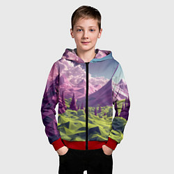 Толстовка на молнии детская Геометрический зеленый пейзаж и фиолетовые горы, цвет: 3D-красный — фото 2