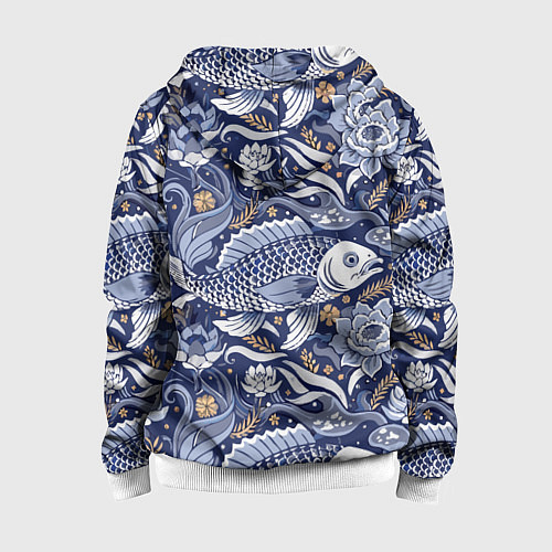 Детская толстовка на молнии Рыба карп - синий корейский узор / 3D-Белый – фото 2