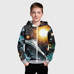Толстовка на молнии детская Космолёт в неоновом космосе - нейросеть, цвет: 3D-меланж — фото 2