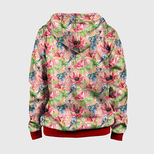 Детская толстовка на молнии Лазоревки и маки на розовом / 3D-Красный – фото 2