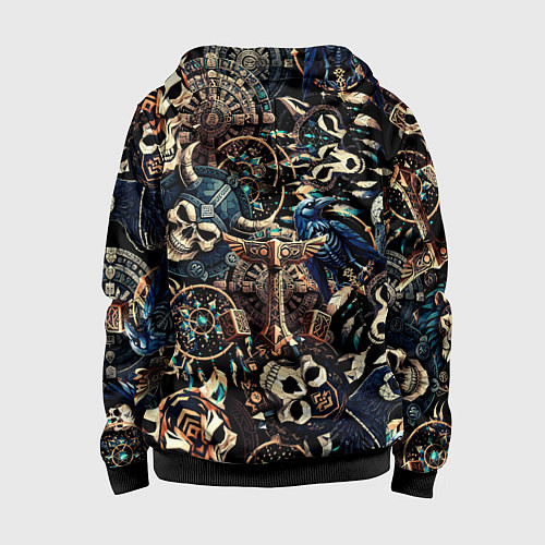 Детская толстовка на молнии Викинг-череп ворон, руны и молот Тора / 3D-Черный – фото 2