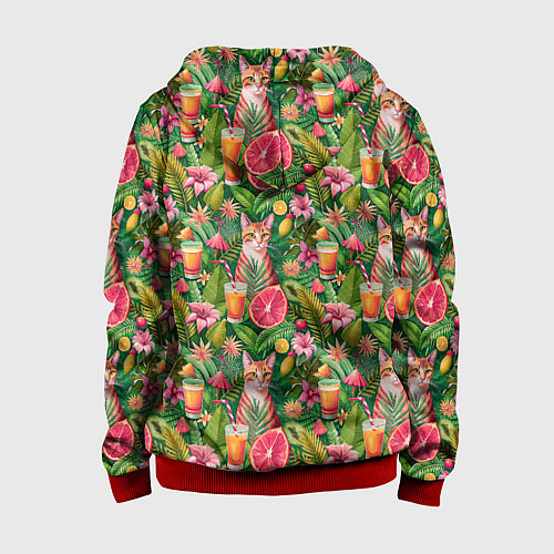 Детская толстовка на молнии Летний котик с коктейлем в тропических цветах / 3D-Красный – фото 2