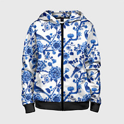 Толстовка на молнии детская Цветы и птицы орнамент, цвет: 3D-черный