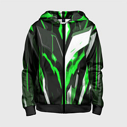 Толстовка на молнии детская Зелёно-белая абстракция и чёрный фон, цвет: 3D-черный