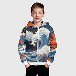 Толстовка на молнии детская Япония волны алые цветы, цвет: 3D-белый — фото 2