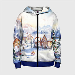 Толстовка на молнии детская Новогодний снежный город, цвет: 3D-синий
