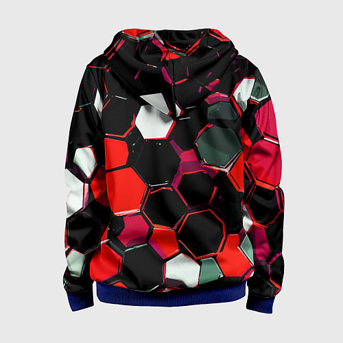 Детская толстовка на молнии Красно-белые шестиугольники на чёрном фоне / 3D-Синий – фото 2