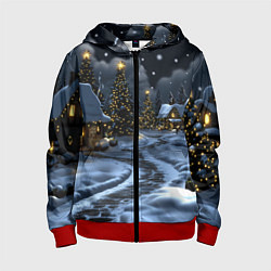 Толстовка на молнии детская Ночной новогодний город, цвет: 3D-красный