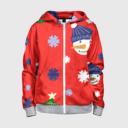 Толстовка на молнии детская Новогодний узор со снеговиком и снежинками, цвет: 3D-меланж