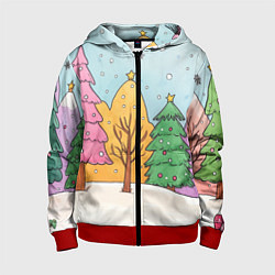 Толстовка на молнии детская Разноцветные елочки и деревья, цвет: 3D-красный
