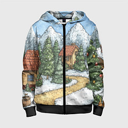 Толстовка на молнии детская Новогодний пейзаж, цвет: 3D-черный
