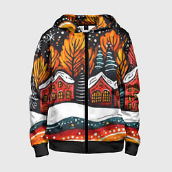 Толстовка на молнии детская Новогоднее настроение - домики и елки, цвет: 3D-черный