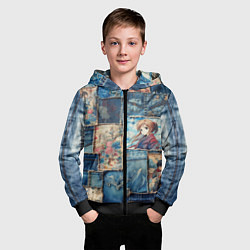 Толстовка на молнии детская Аниме влюбленные на пэчворк, цвет: 3D-черный — фото 2