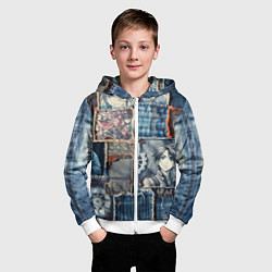 Толстовка на молнии детская Аниме пэчворк деним, цвет: 3D-белый — фото 2