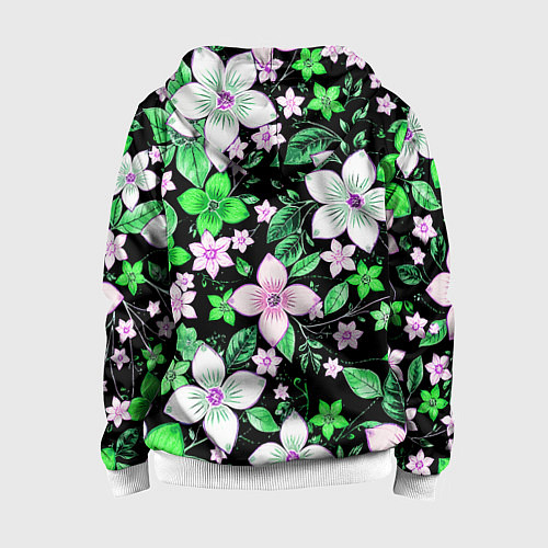 Детская толстовка на молнии Зелёно-белые цветы на чёрном фоне / 3D-Белый – фото 2