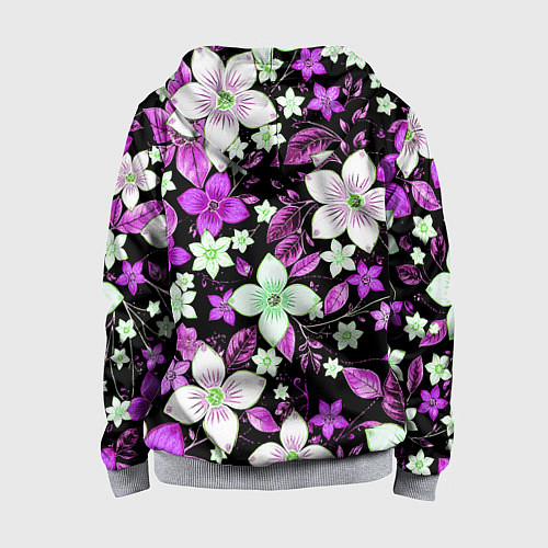 Детская толстовка на молнии Фиолетово-белые цветы на чёрном фоне / 3D-Меланж – фото 2