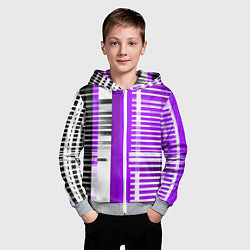 Толстовка на молнии детская Белые полосы на чёрно-фиолетовом фоне, цвет: 3D-меланж — фото 2