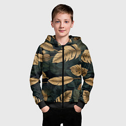 Толстовка на молнии детская Золотые листья монстеры и перья, цвет: 3D-черный — фото 2