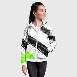 Толстовка на молнии детская Диагональные чёрно-белые полосы на зелёном фоне, цвет: 3D-белый — фото 2