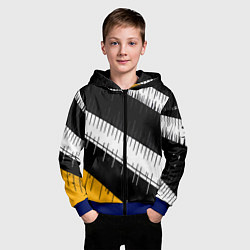 Толстовка на молнии детская Диагональные чёрно-белые полосы на жёлтом фоне, цвет: 3D-синий — фото 2