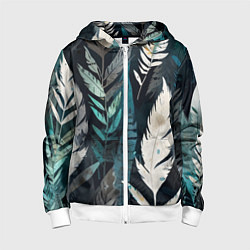 Толстовка на молнии детская Перья и листья, цвет: 3D-белый