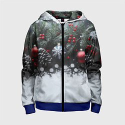Толстовка на молнии детская Елочные игрушки и снег, цвет: 3D-синий