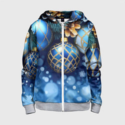Толстовка на молнии детская Синие новогодние шары, цвет: 3D-меланж