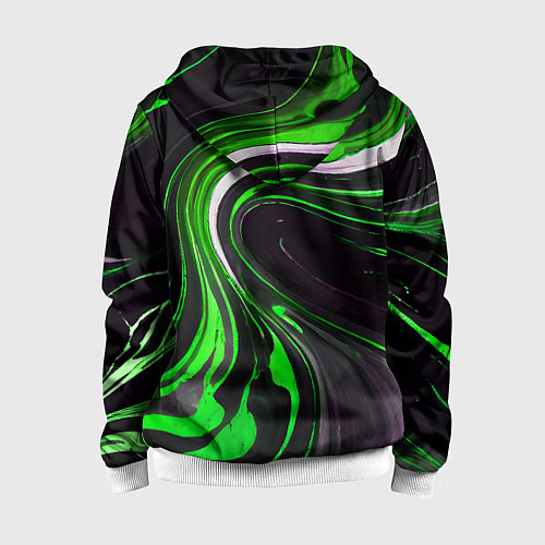Детская толстовка на молнии Волнистые бело-зелёные линии на чёрном фоне / 3D-Белый – фото 2