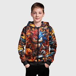 Толстовка на молнии детская Соник и Наклз на фоне огня и роботов, цвет: 3D-черный — фото 2