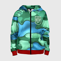 Толстовка на молнии детская Зелено-голубой камуфляж и герб РФ, цвет: 3D-красный