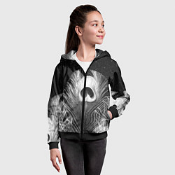 Толстовка на молнии детская Изогнутые белые перья павлина - чб иллюстрация, цвет: 3D-черный — фото 2