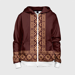 Толстовка на молнии детская Золотой узор на бордовом - вышиванка рубаха, цвет: 3D-белый