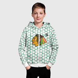 Толстовка на молнии детская Чикаго Блэкхокс - белые соты с зеленой обводкой, цвет: 3D-белый — фото 2