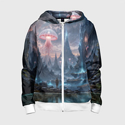 Толстовка на молнии детская Фантастический мир с медузами и озеро у гор, цвет: 3D-белый