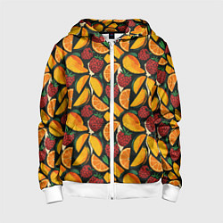 Толстовка на молнии детская Ягоды и фрукты в паттерне: малина манго апельсин, цвет: 3D-белый