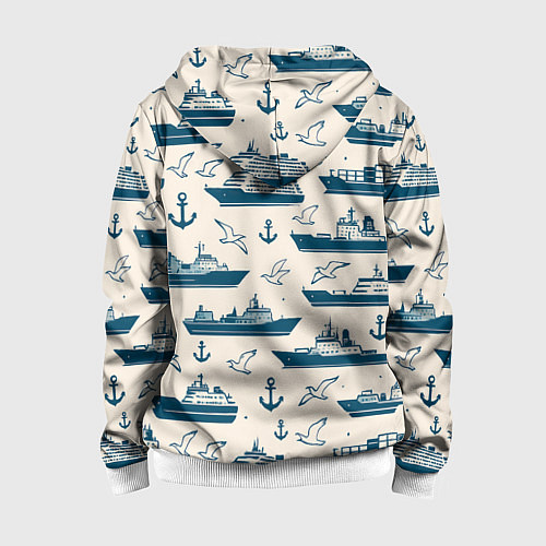 Детская толстовка на молнии Морской паттерн из чаек, якорей и кораблей / 3D-Белый – фото 2