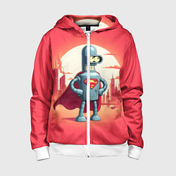 Толстовка на молнии детская Робот-сгибальщик Бендер супермен - коллаба, цвет: 3D-белый