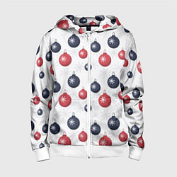Толстовка на молнии детская Синие и красные новогодние шары со снежинками, цвет: 3D-белый