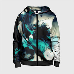 Детская толстовка на молнии Чёрный с бирюзовым абстракция тёмные краски