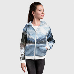 Толстовка на молнии детская Снежный горный пейзаж с елями и рекой, цвет: 3D-белый — фото 2