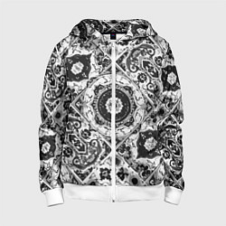 Толстовка на молнии детская Узоры калейдоскопа черно-белые, цвет: 3D-белый