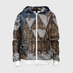 Толстовка на молнии детская Новогодние дома, цвет: 3D-белый